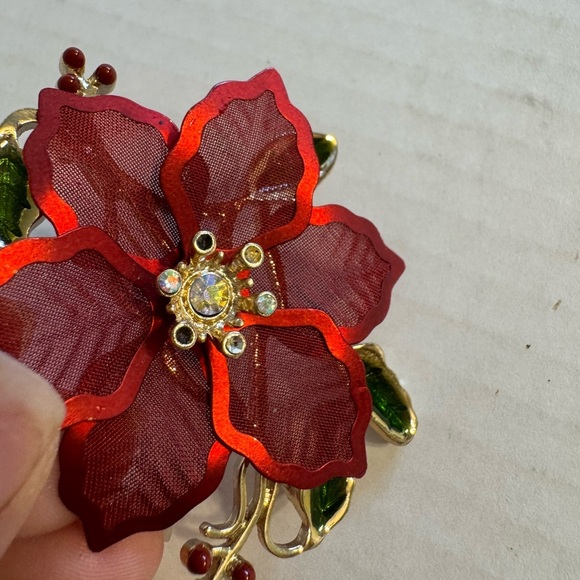 Vintage KC KENNETH COLE RED POINSETTIA ENAMEL CHRISTMAS PIN BROOCH Estate Floral - Picture 3 of 4